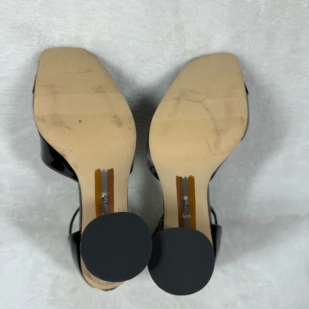Sam Edelman Black Patent Square Cap Toe Ankle Strap Block Heel Pumps 6.5